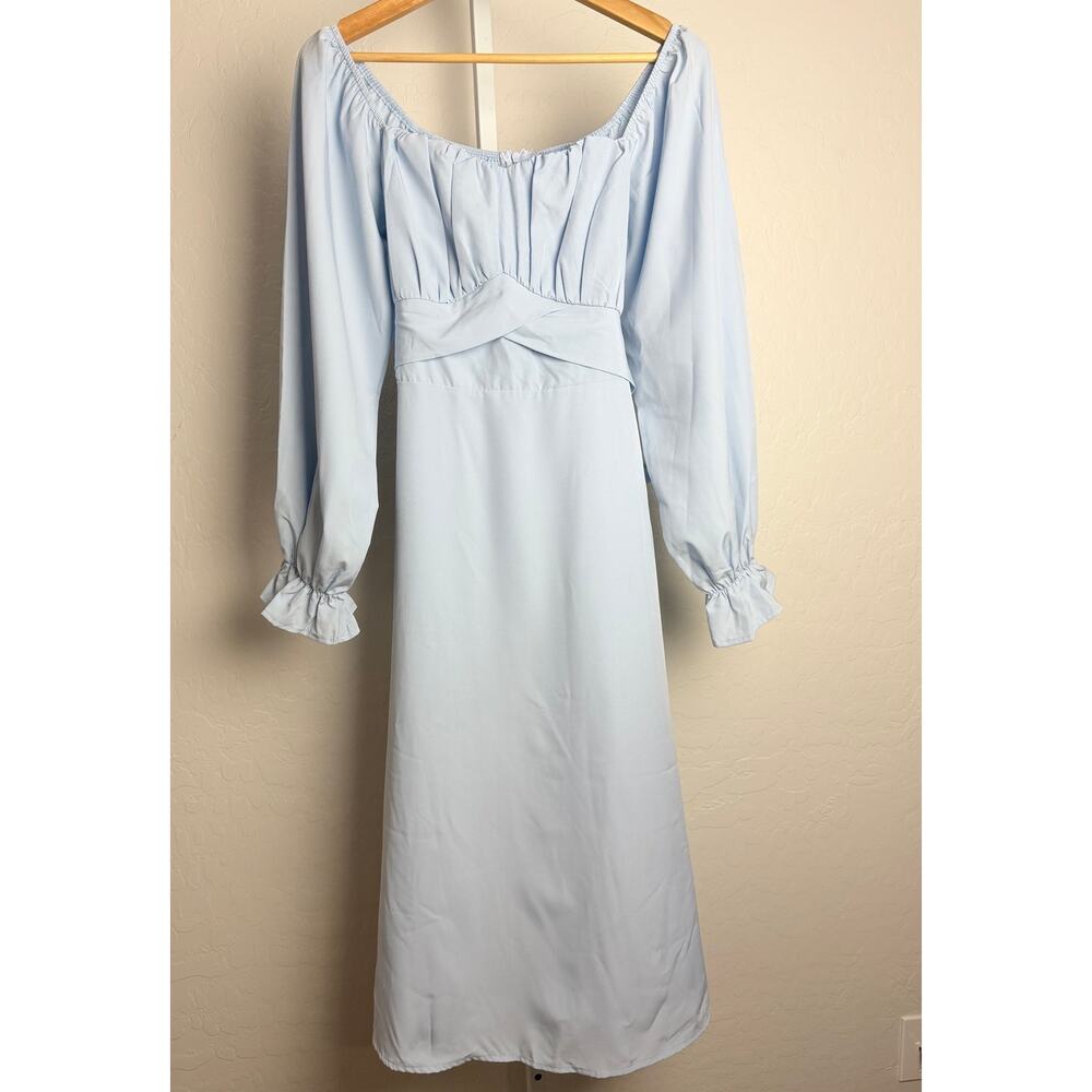 NWOT Women’s Light Blue Cottagecore Midi Dress Medium Puff Sleeve Bow Back